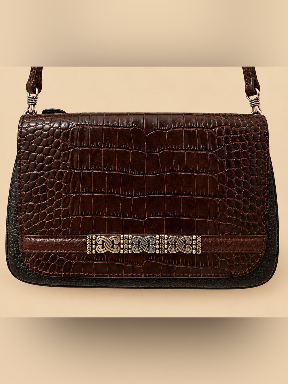 Brighton Dark Brown Croc-Embossed Leather Crossbody with Metal Knot Detail